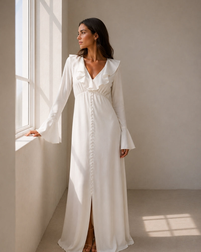 Women's Ruffle Neck Midi Dress with Flared Sleeves