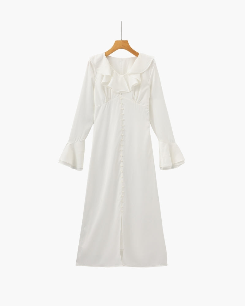 Women's Ruffle Neck Midi Dress with Flared Sleeves