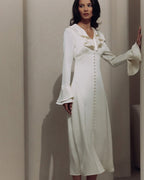 Women's Ruffle Neck Midi Dress with Flared Sleeves