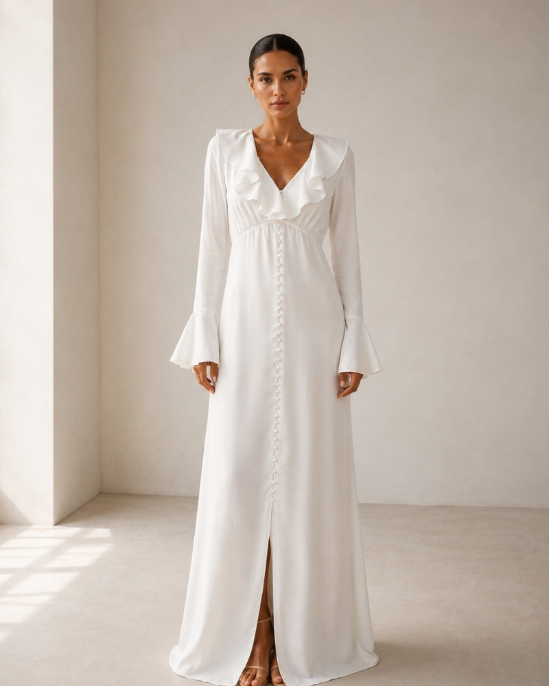 Women's Ruffle Neck Midi Dress with Flared Sleeves