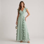 Women's Ruffle Wrap Maxi Dress with Cap Sleeves - Sage