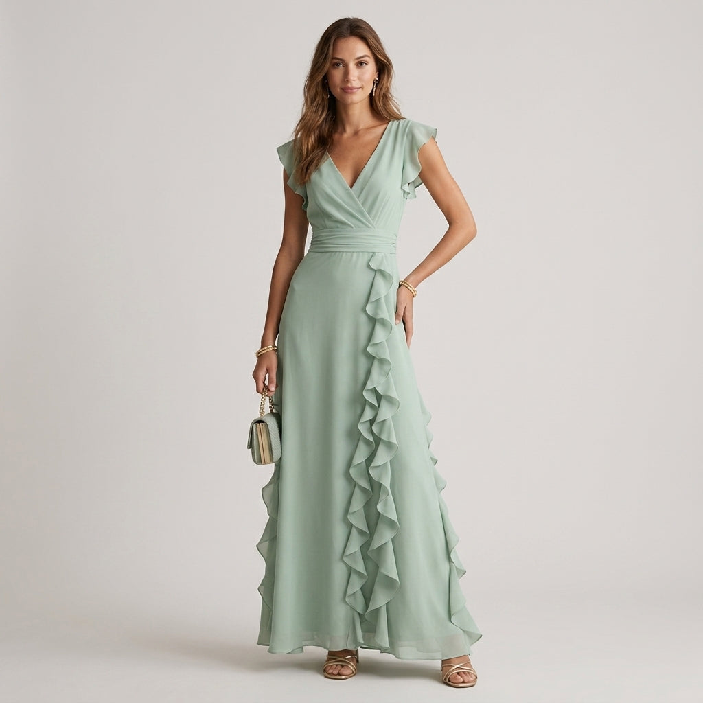 Women's Ruffle Wrap Maxi Dress with Cap Sleeves - Sage