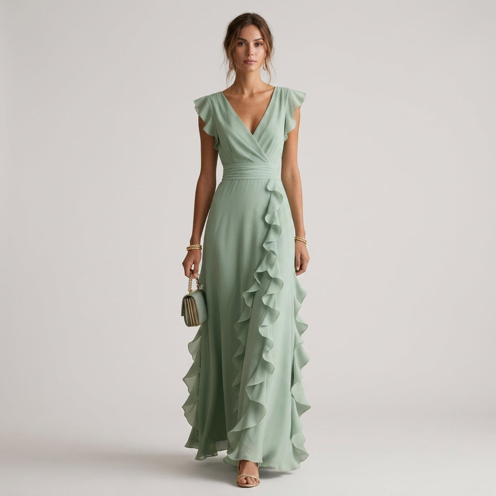 Women's Ruffle Wrap Maxi Dress with Cap Sleeves