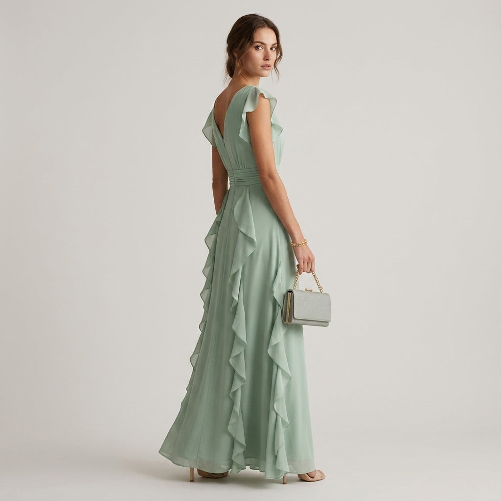 Women's Ruffle Wrap Maxi Dress with Cap Sleeves