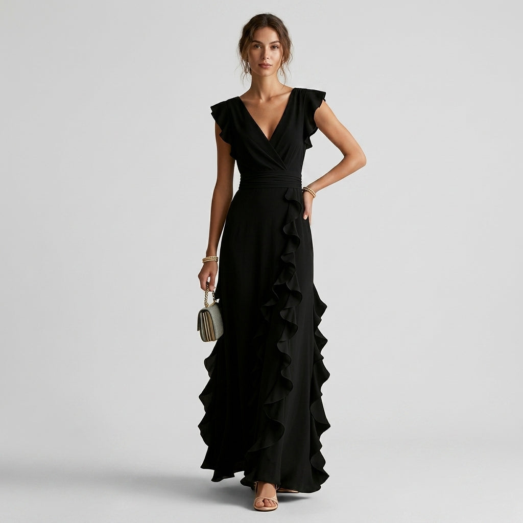 Women's Ruffle Wrap Maxi Dress with Cap Sleeves - Charcoal