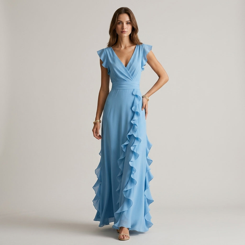 Women's Ruffle Wrap Maxi Dress with Cap Sleeves - Baby Blue