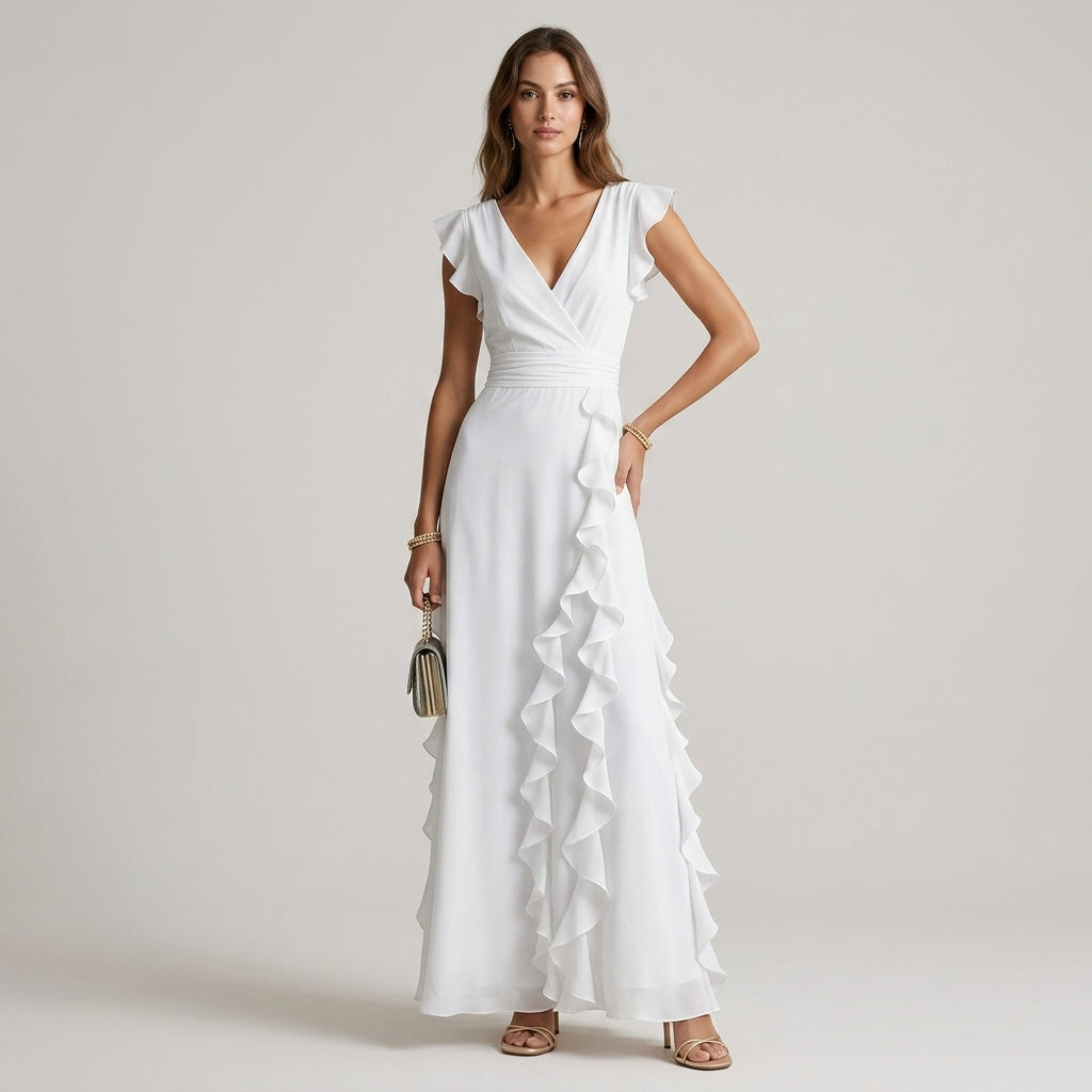 Women's Ruffle Wrap Maxi Dress with Cap Sleeves - Pearl