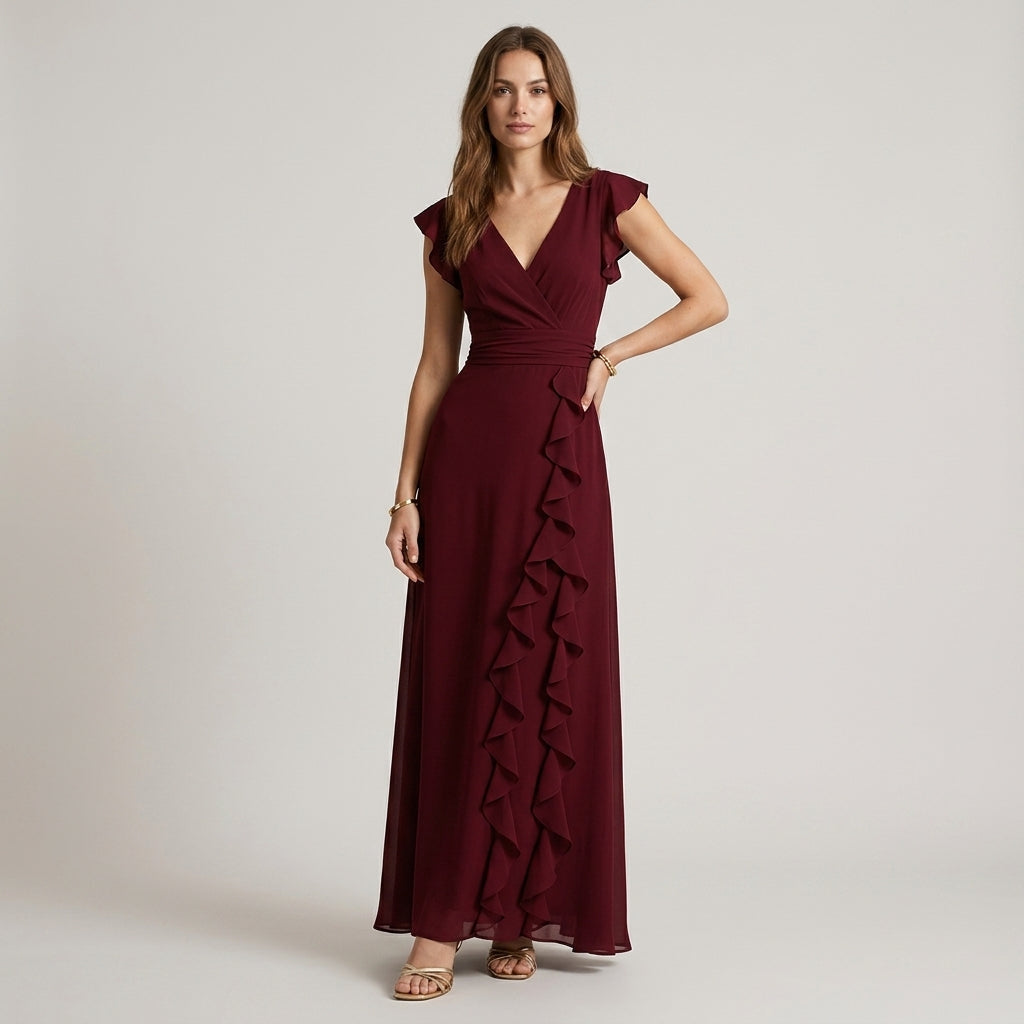 Women's Ruffle Wrap Maxi Dress with Cap Sleeves - Cabernet