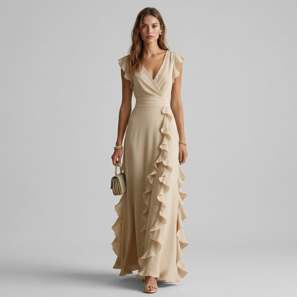 Women's Ruffle Wrap Maxi Dress with Cap Sleeves - Beige