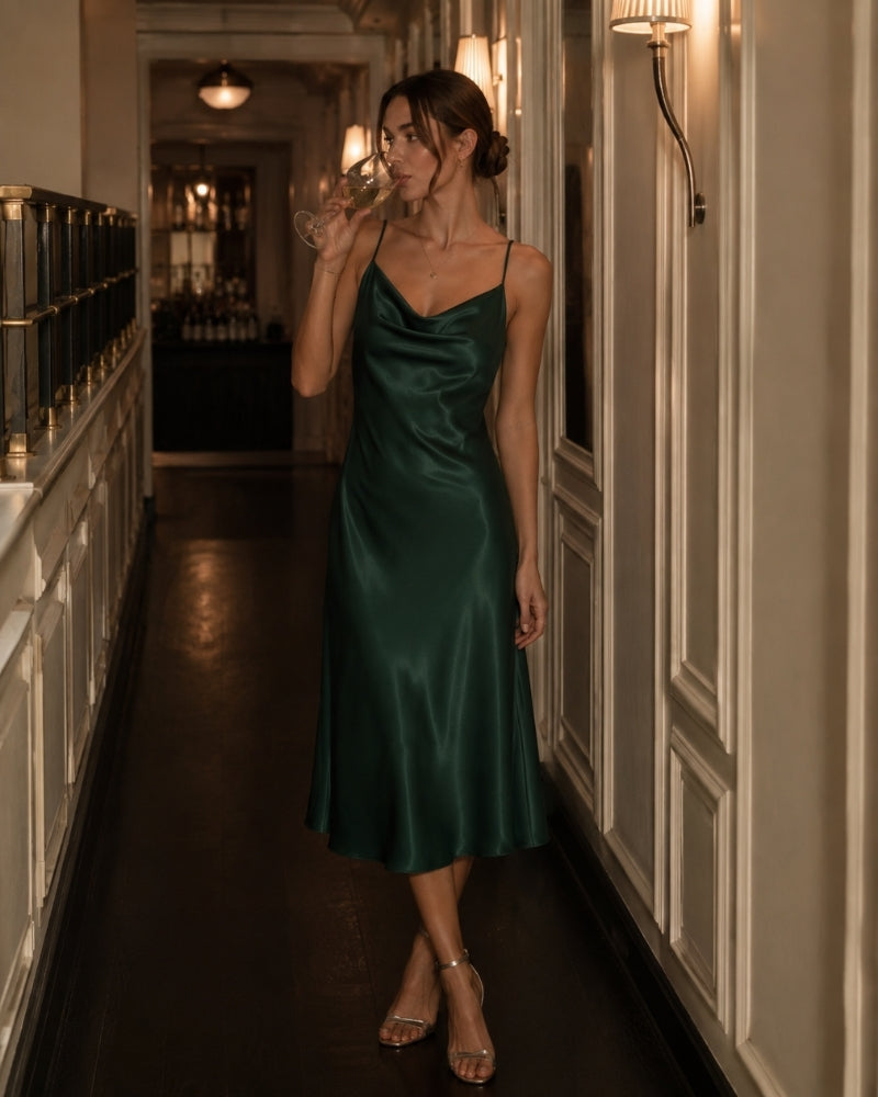 Women's Satin Cowl Neck Slip Dress with Adjustable Straps