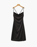 Women's Satin Cowl Neck Slip Dress with Adjustable Straps - Black