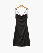 Women's Satin Cowl Neck Slip Dress with Adjustable Straps - Black