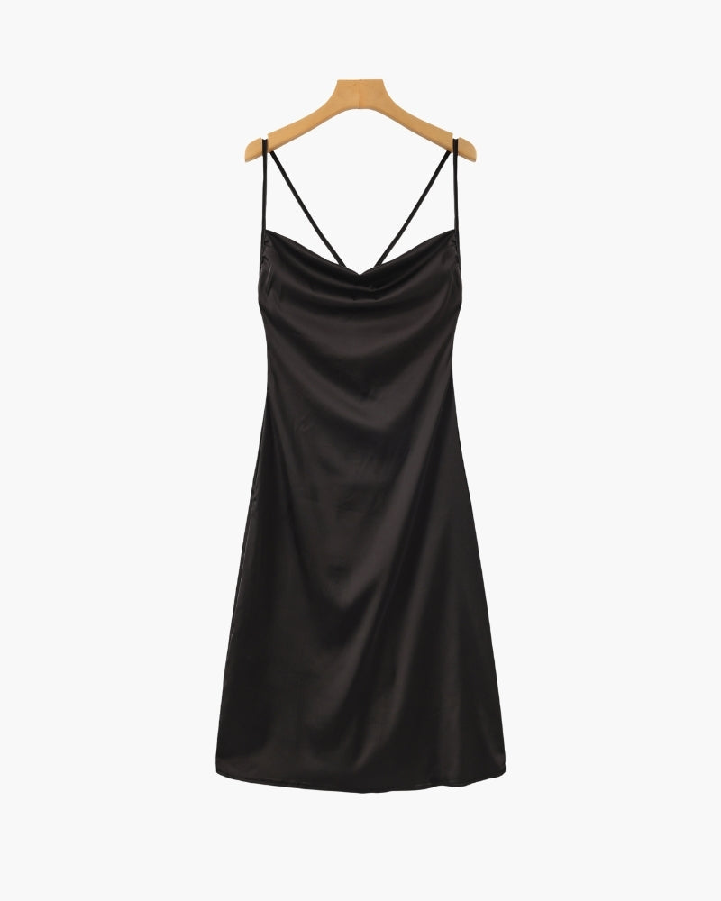 Women's Satin Cowl Neck Slip Dress with Adjustable Straps - Black