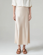 Women's Satin-Look Midi Skirt with Elasticated Waist - Beige