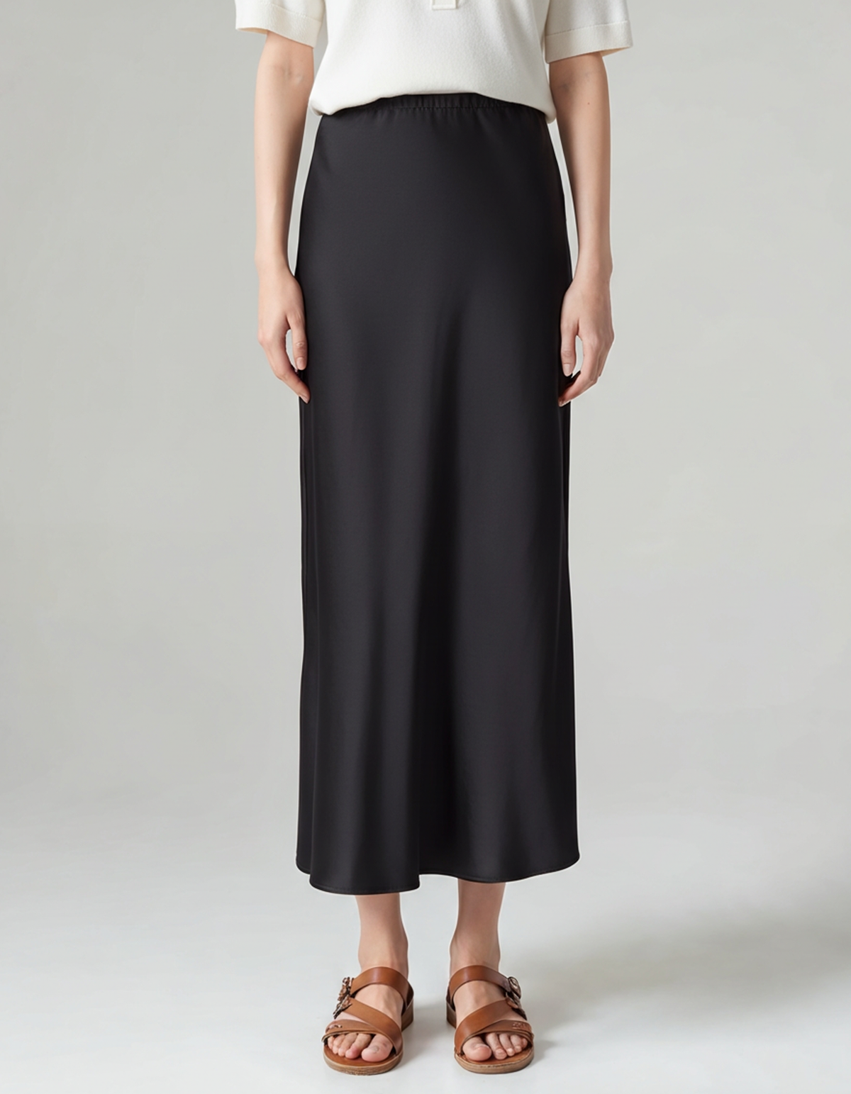 Women's Satin-Look Midi Skirt with Elasticated Waist - Black