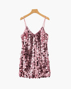 Women's Sequin Mini Dress with Spaghetti Straps - Rose Gold