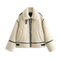 Women's Sherpa Coat with Contrast Piping and Buckle Tabs - Beige
