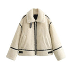 Women's Sherpa Coat with Contrast Piping and Buckle Tabs - Beige