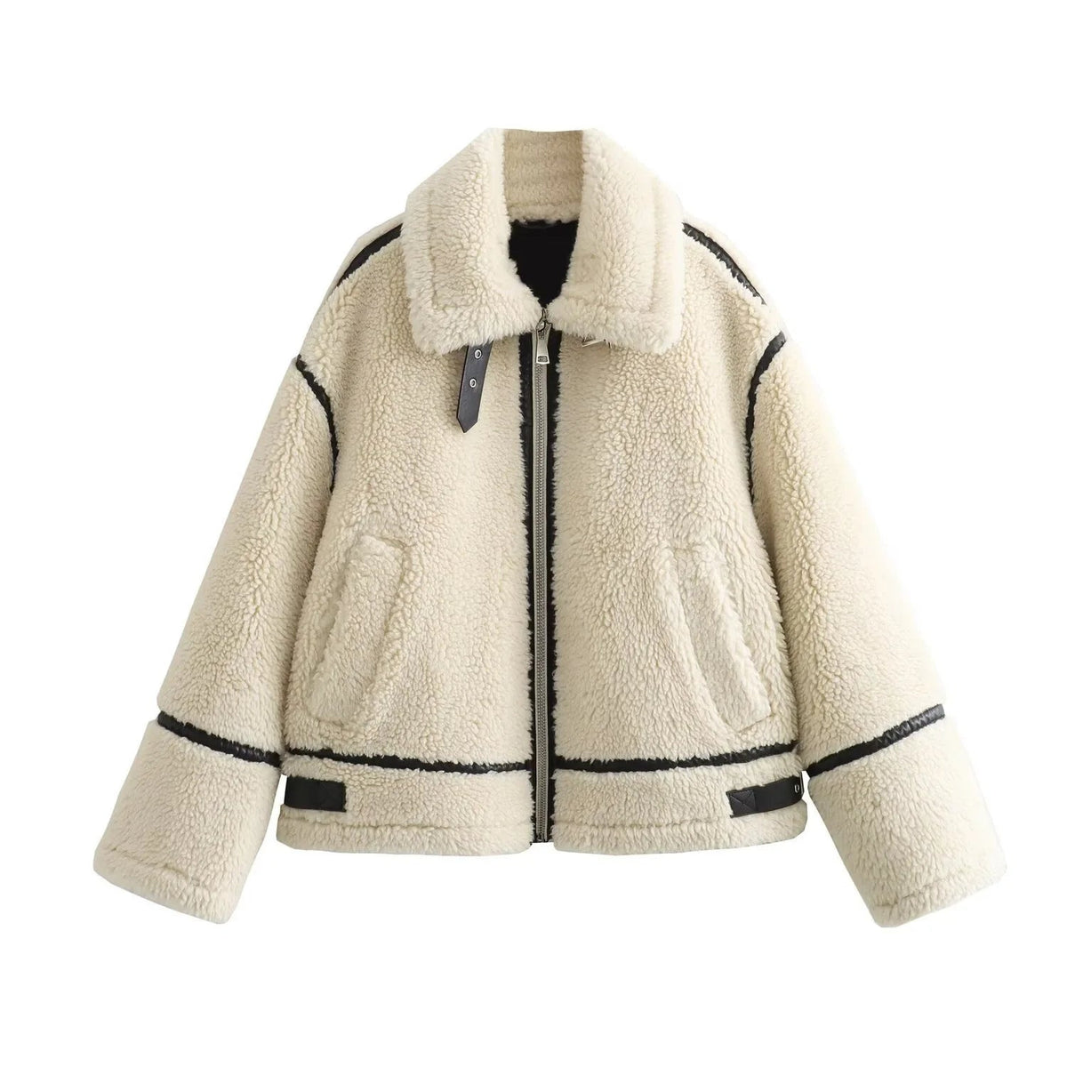 Women's Sherpa Coat with Contrast Piping and Buckle Tabs - Beige