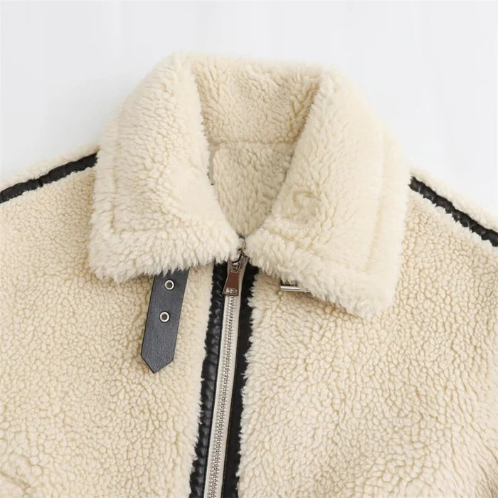 Women's Sherpa Coat with Contrast Piping and Buckle Tabs