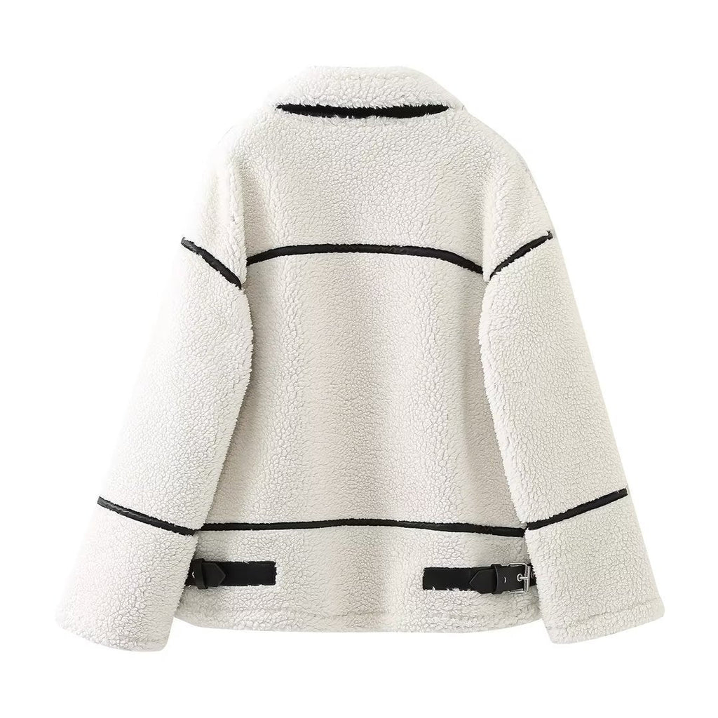 Women's Sherpa Coat with Contrast Piping and Buckle Tabs