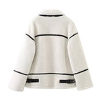Women's Sherpa Coat with Contrast Piping and Buckle Tabs