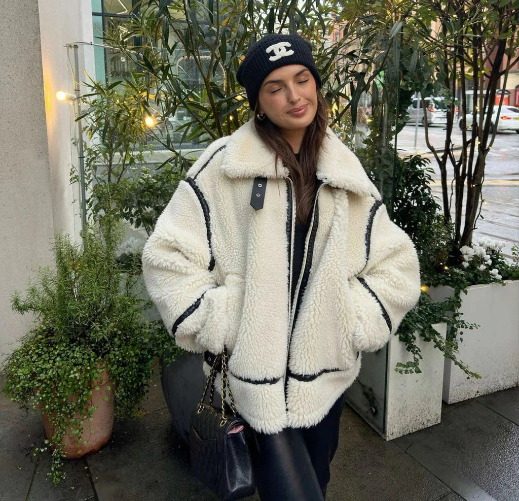 Women's Sherpa Coat with Contrast Piping and Buckle Tabs