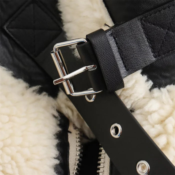Women's Sherpa Coat with Contrast Piping and Buckle Tabs
