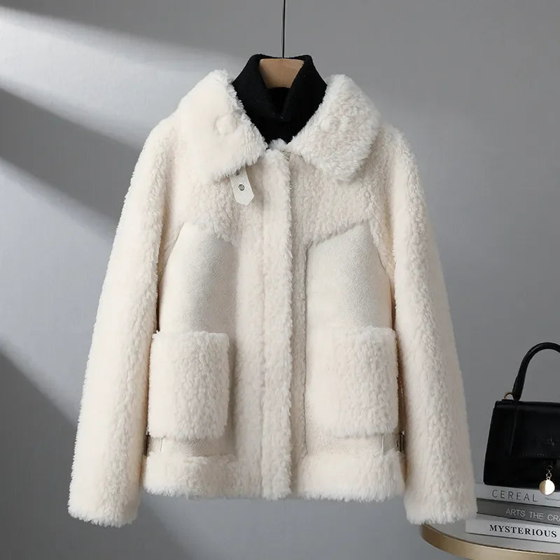 Women's Sherpa Jacket with Suede-Look Trim and Patch Pockets