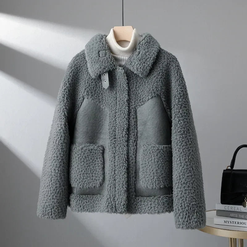 Women's Sherpa Jacket with Suede-Look Trim and Patch Pockets