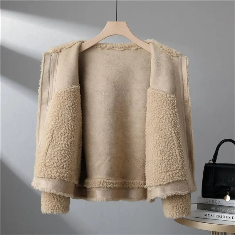 Women's Sherpa Jacket with Suede-Look Trim and Patch Pockets