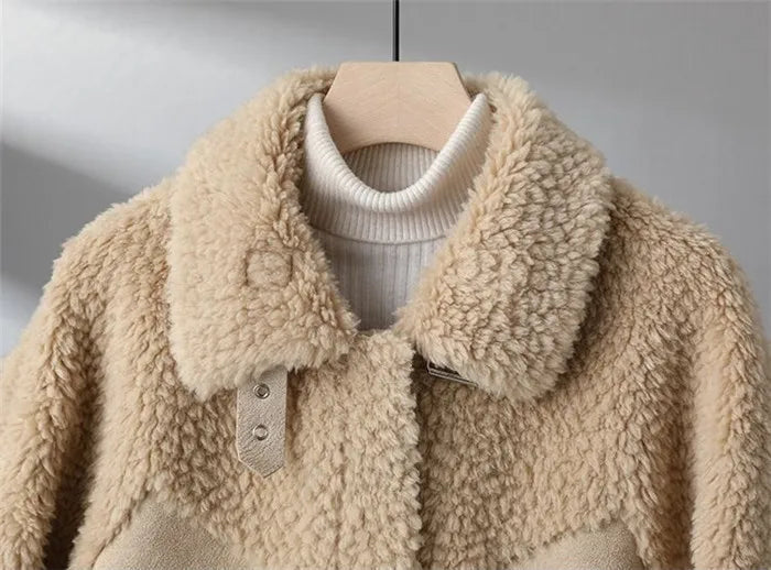 Women's Sherpa Jacket with Suede-Look Trim and Patch Pockets
