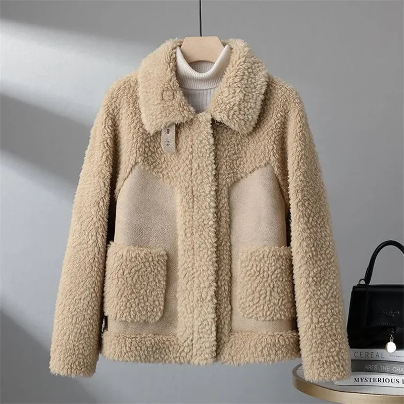 Women's Sherpa Jacket with Suede-Look Trim and Patch Pockets - Apricot