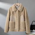 Women's Sherpa Jacket with Suede-Look Trim and Patch Pockets - Apricot