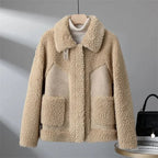 Women's Sherpa Jacket with Suede-Look Trim and Patch Pockets - Apricot