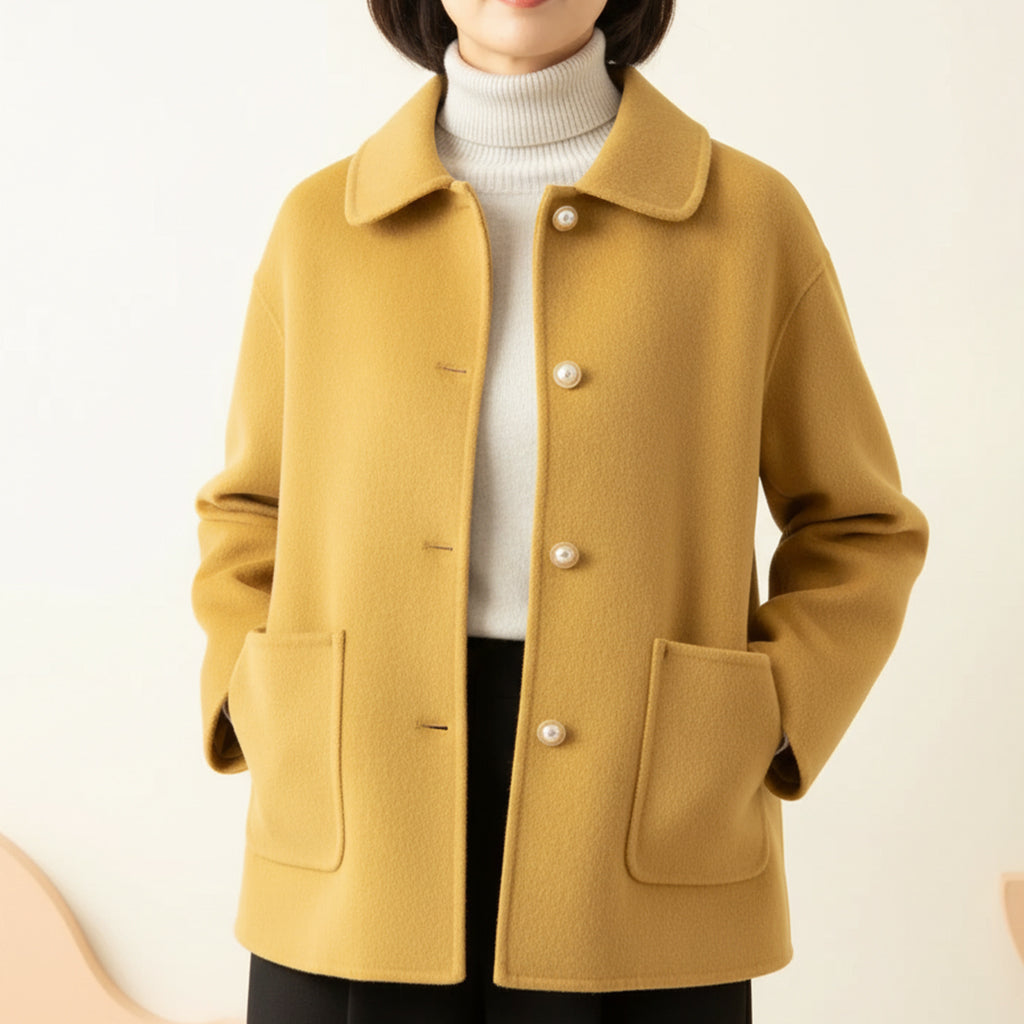 Women's Short Coat with Peter Pan Collar and Pearl-Look Buttons - Yellow