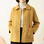 Women's Short Coat with Peter Pan Collar and Pearl-Look Buttons - Yellow