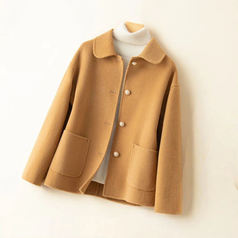 Women's Short Coat with Peter Pan Collar and Pearl-Look Buttons