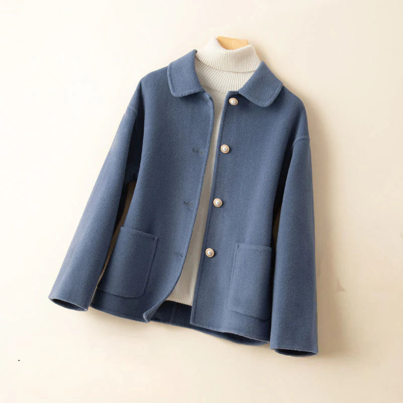 Women's Short Coat with Peter Pan Collar and Pearl-Look Buttons