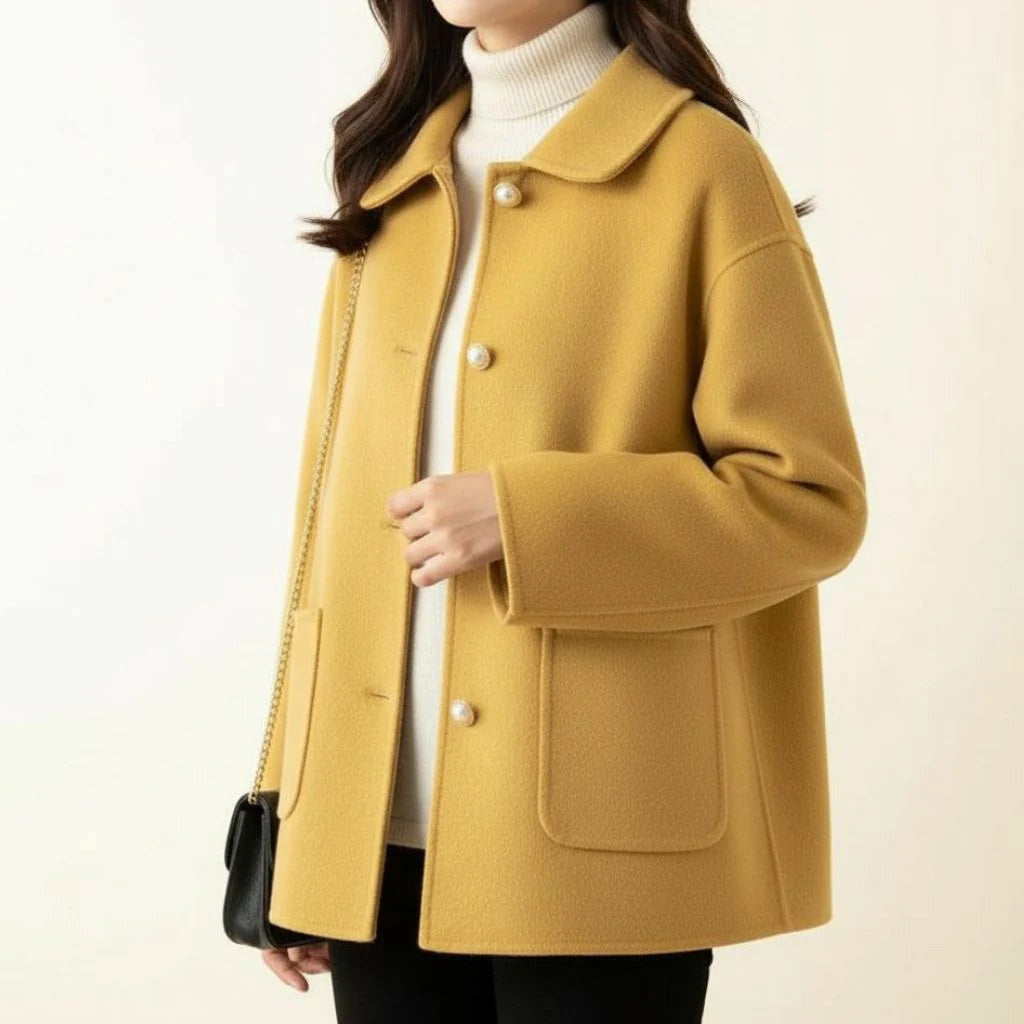 Women's Short Coat with Peter Pan Collar and Pearl-Look Buttons