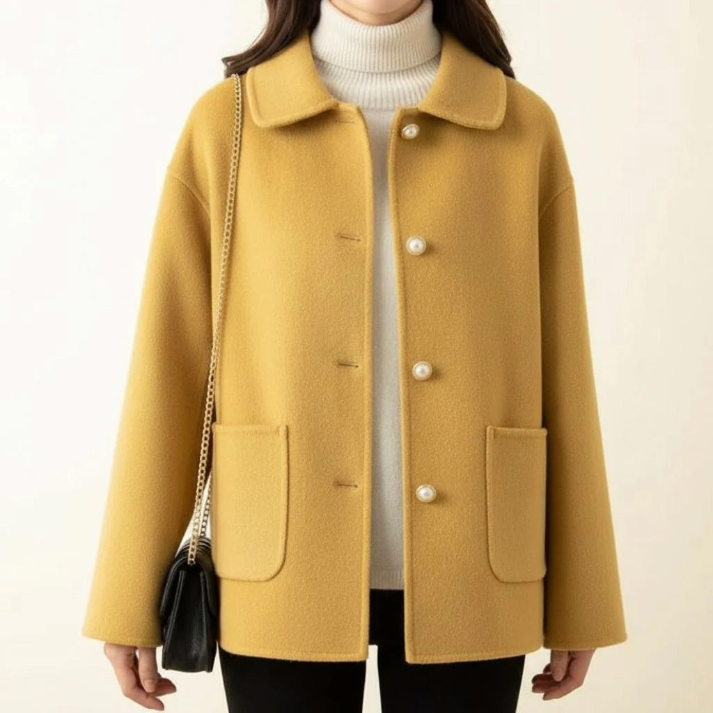 Women's Short Coat with Peter Pan Collar and Pearl-Look Buttons