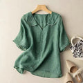 Women's Short Sleeve Linen-Look Blouse with Peter Pan Collar - Emerald Green