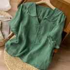 Women's Short Sleeve Linen-Look Blouse with Peter Pan Collar