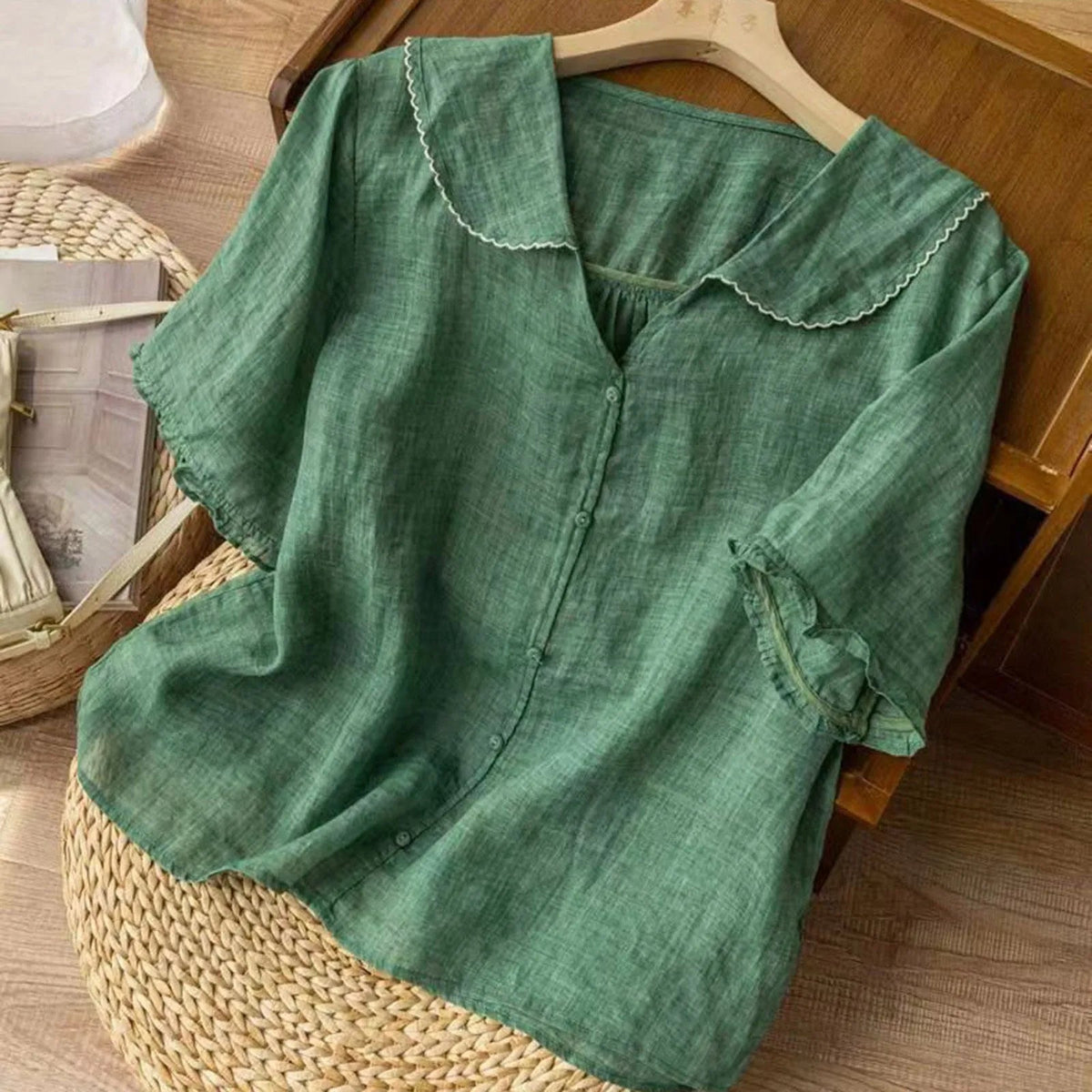 Women's Short Sleeve Linen-Look Blouse with Peter Pan Collar