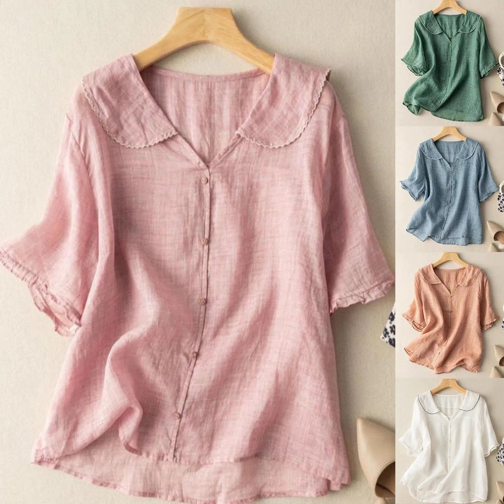 Women's Short Sleeve Linen-Look Blouse with Peter Pan Collar