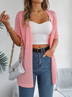 Women's Short Sleeve Open Front Cardigan in Pointelle Knit - Pink