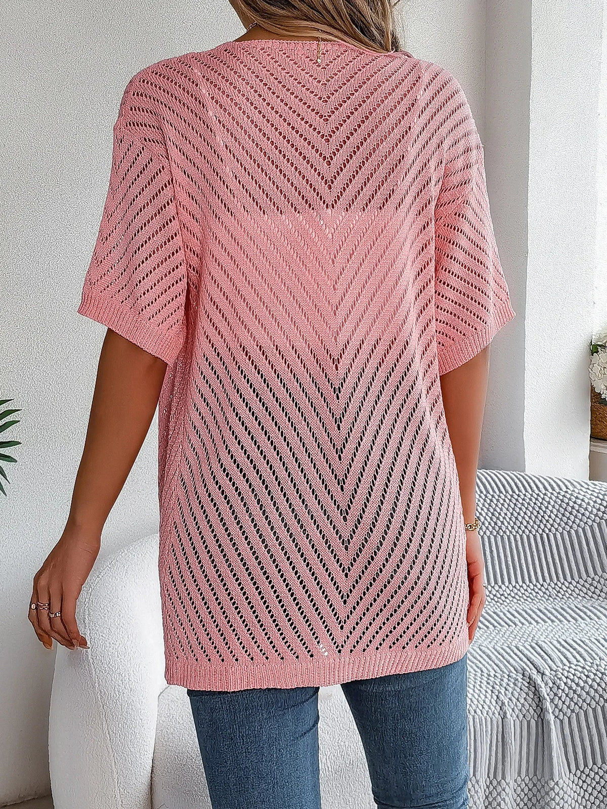 Women's Short Sleeve Open Front Cardigan in Pointelle Knit