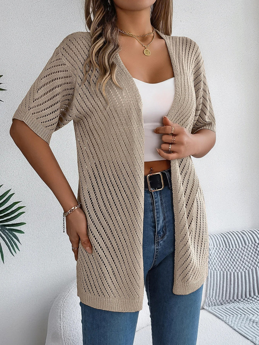 Women's Short Sleeve Open Front Cardigan in Pointelle Knit
