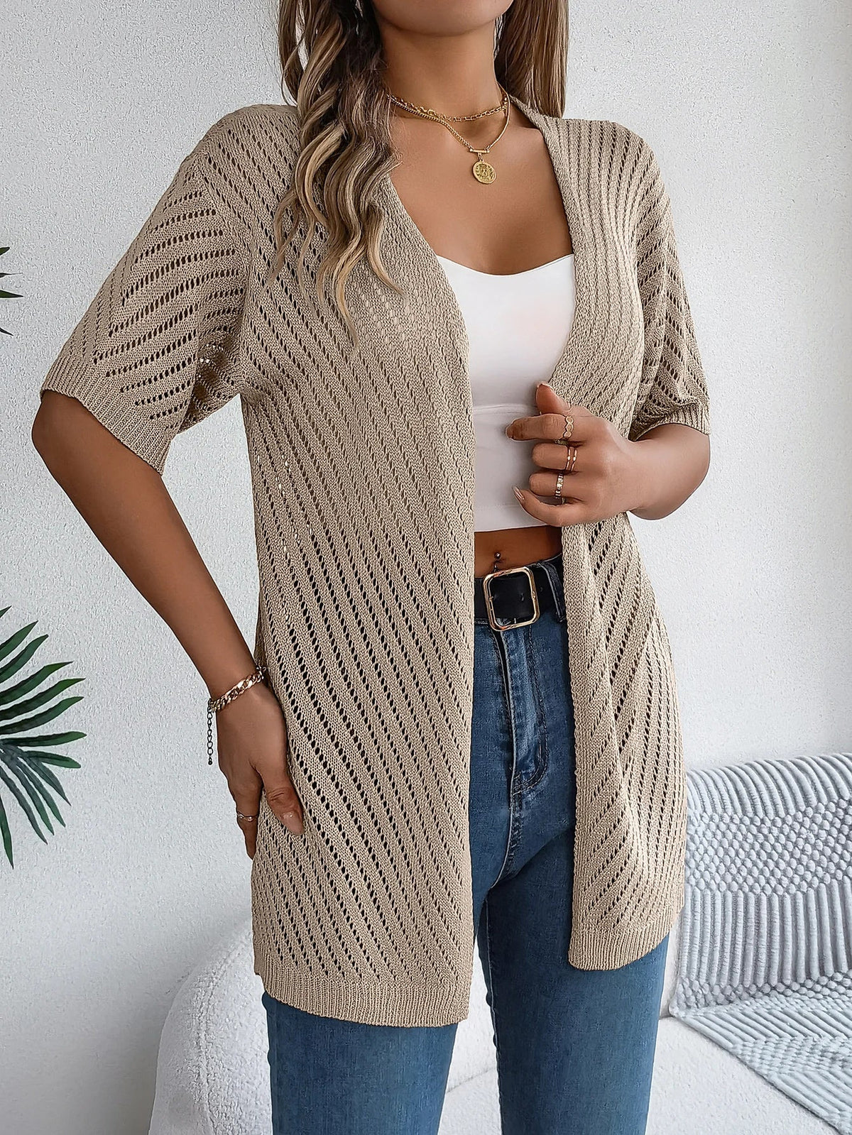 Women's Short Sleeve Open Front Cardigan in Pointelle Knit