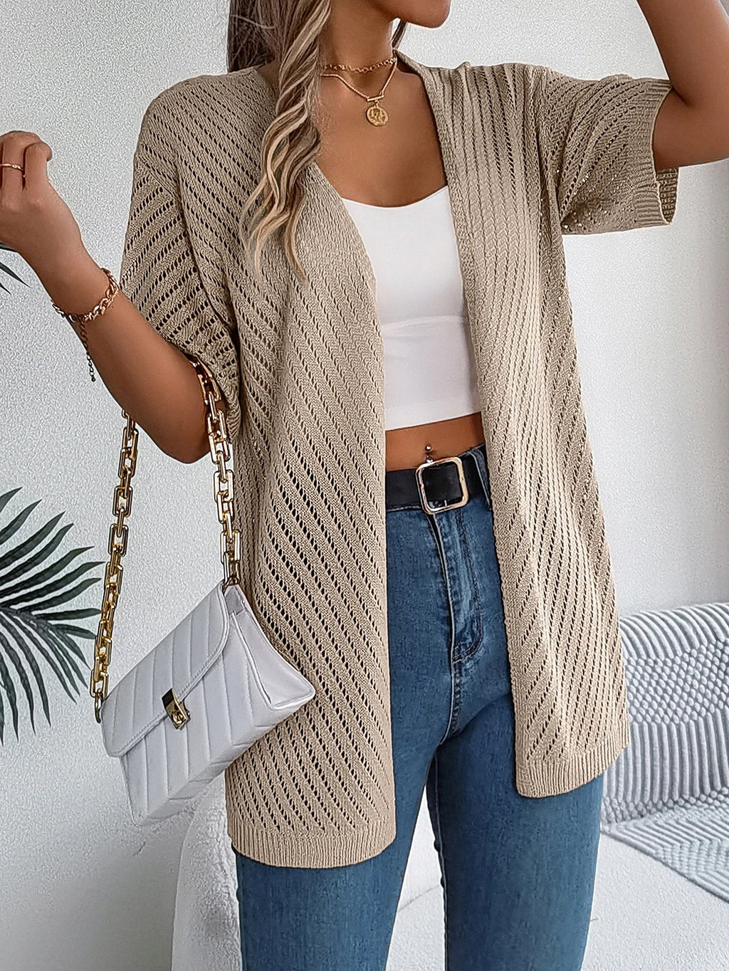 Women's Short Sleeve Open Front Cardigan in Pointelle Knit